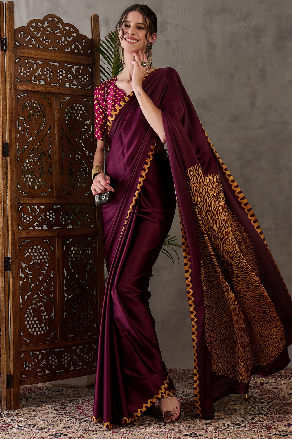 Maroon Pure Gaji Silk Satin Printed Saree ##color## Japan Satin Saree with premium fabric and embroidery