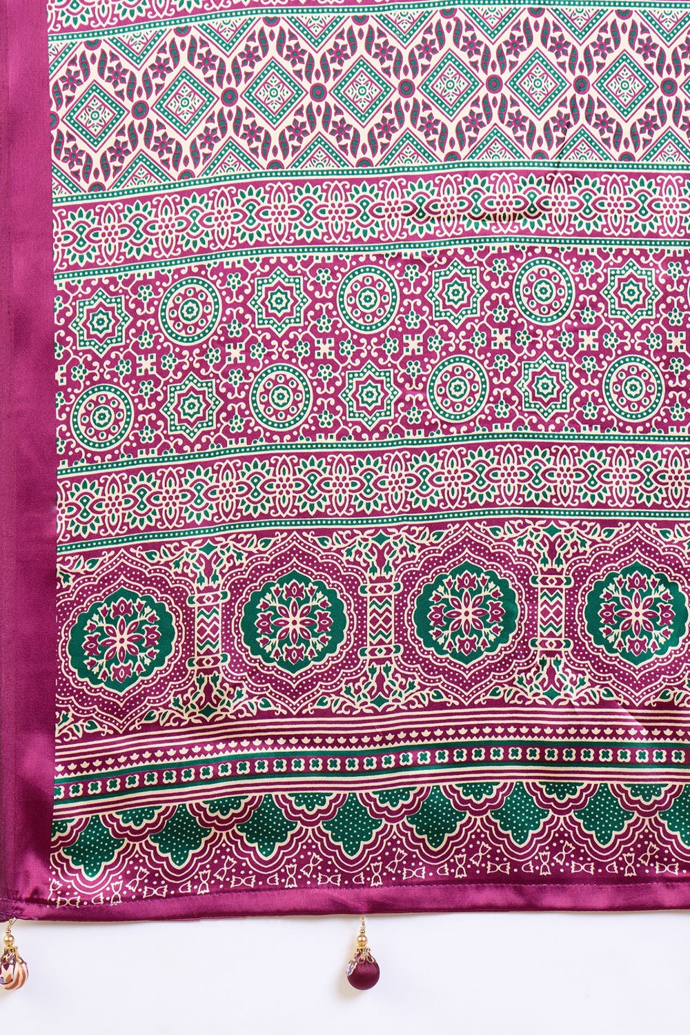 Cream and Purple Pure Soft Modal Satin Ajrakh Print Satin Saree Japan Satin Saree Anant Tex Exports Pvt.Ltd..