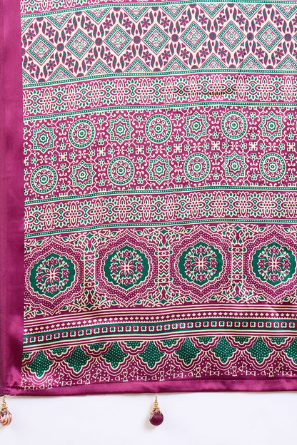 Cream and Purple Pure Soft Modal Satin Ajrakh Print Satin Saree Japan Satin Saree Anant Tex Exports Pvt.Ltd..
