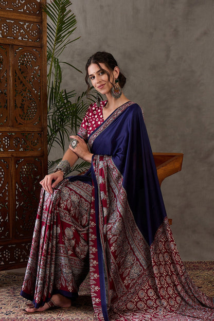 Navy Blue Pure Soft Modal Satin Ajrakh Print Satin Saree Japan Satin Saree Anant Tex Exports Pvt.Ltd..