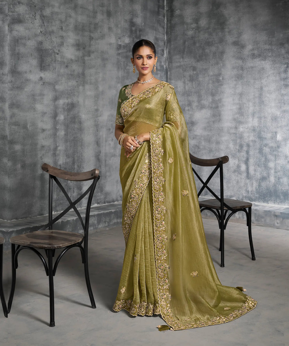 Olive Green Premium Zari Tissue Silk Bridal Saree 