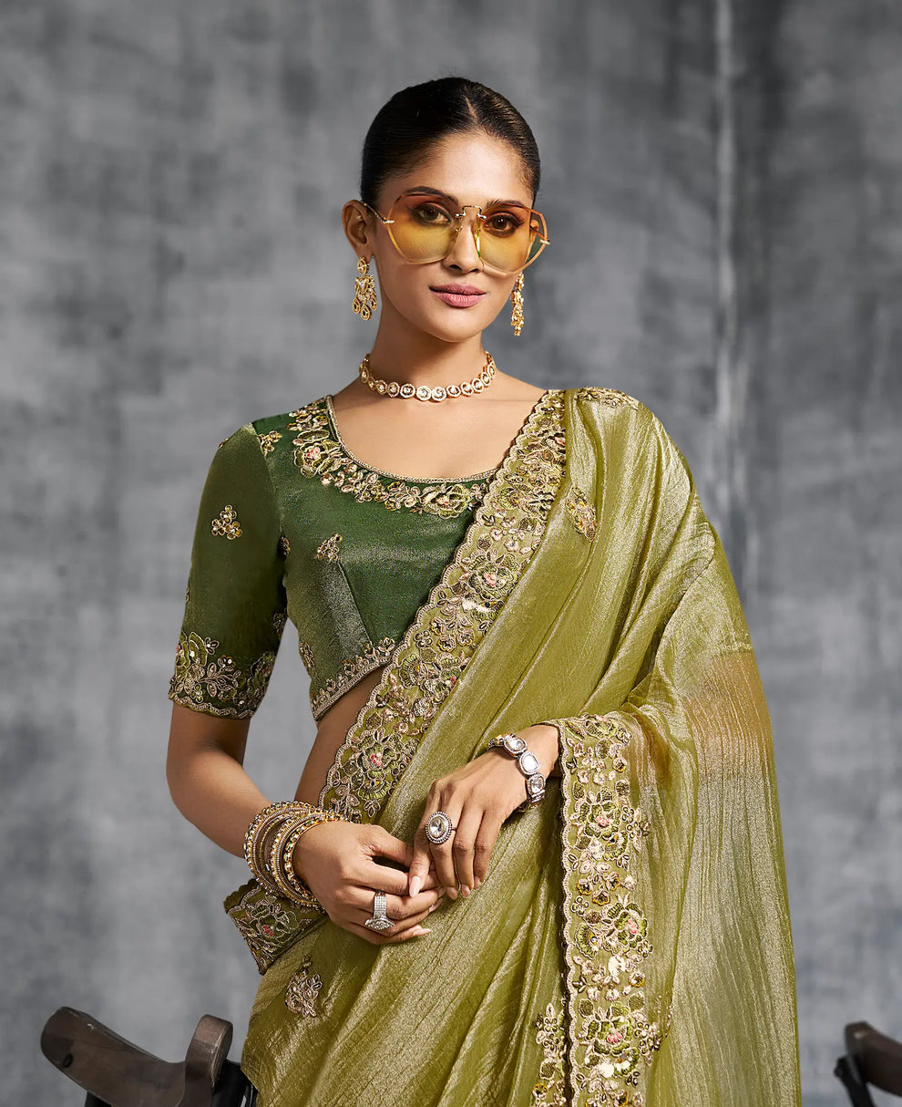 Olive Green Premium Zari Tissue Silk Bridal Saree 