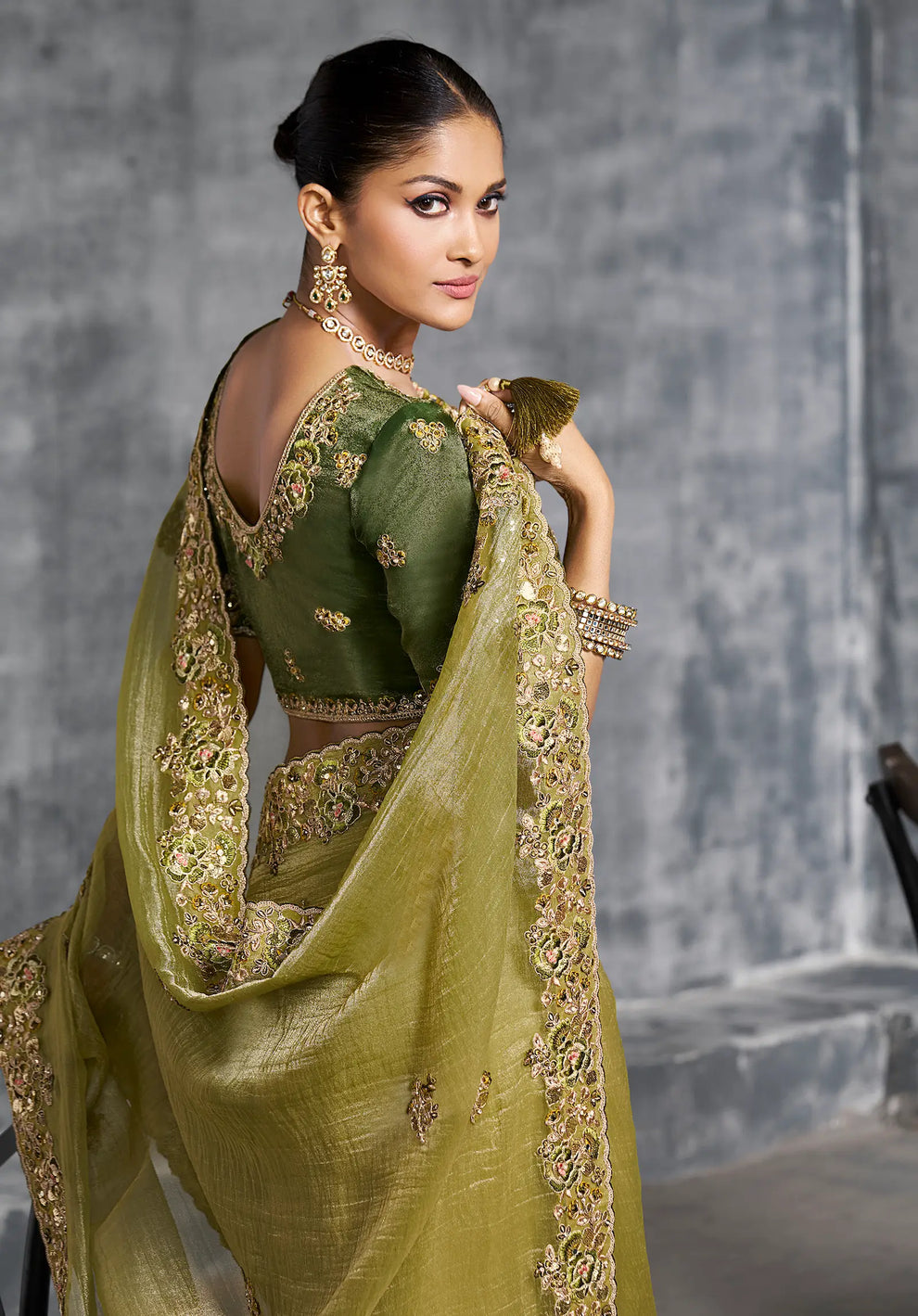 Olive Green Premium Zari Tissue Silk Bridal Saree 