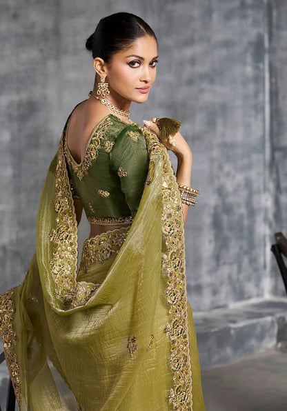 Olive Green Premium Zari Tissue Silk Bridal Saree 