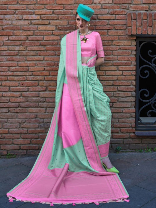 Mint Green and Pink Banarasi Handloom Banarasi Saree 