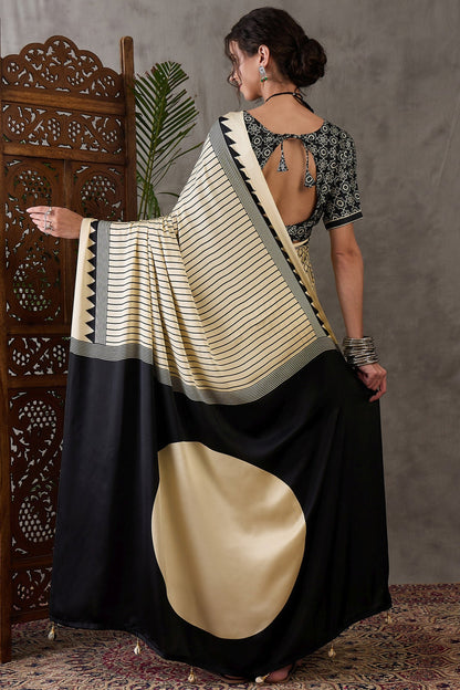 White Printed Satin Gaji Silk Saree 