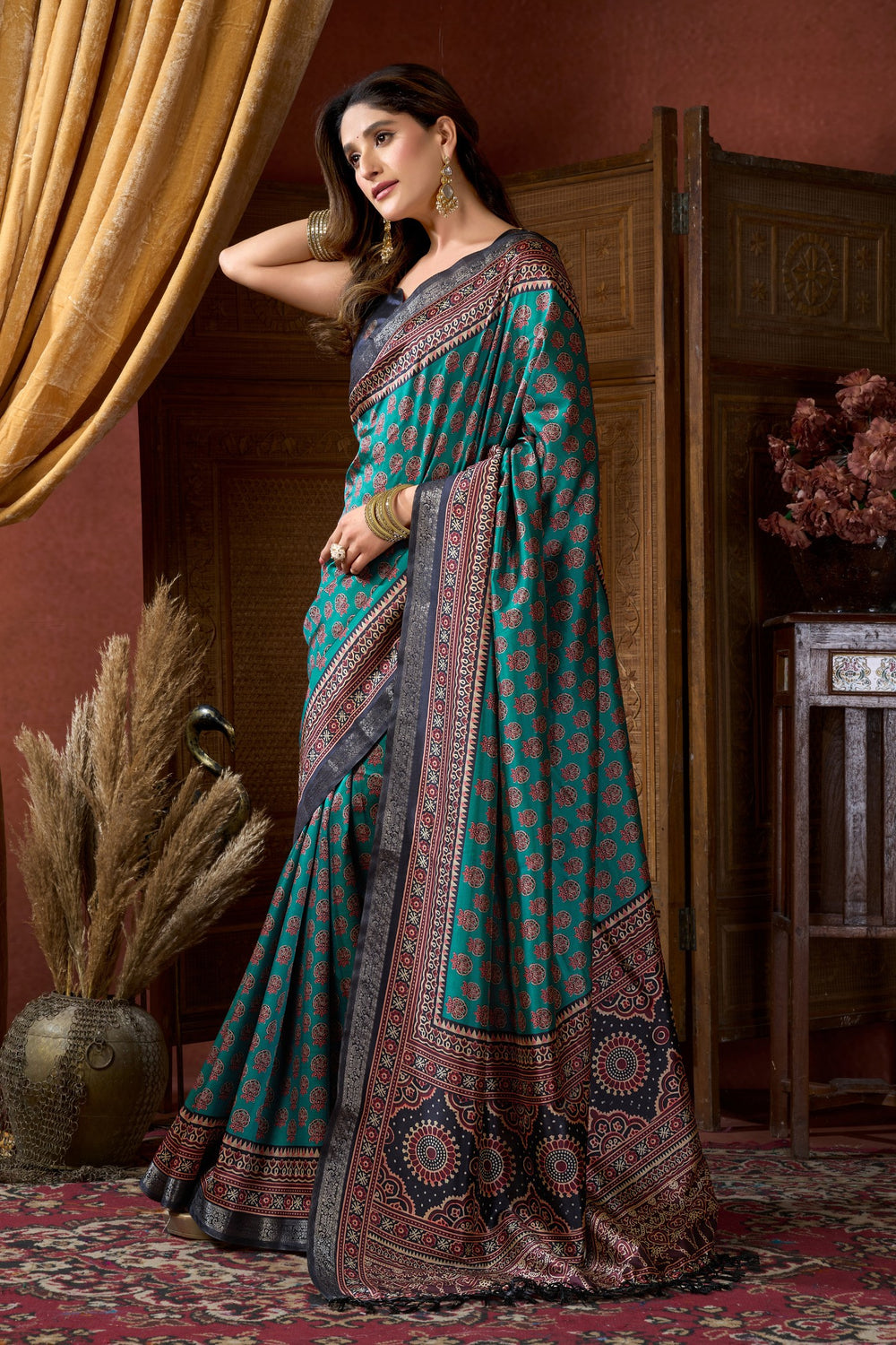 France Blue Pure Cluster Silk Ajarkh Digital Printed Saree 