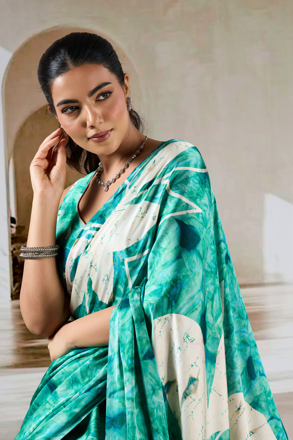 Sea Green Modal Satin Hand Prism Print Saree ##color## Japan Satin Saree with premium fabric and embroidery