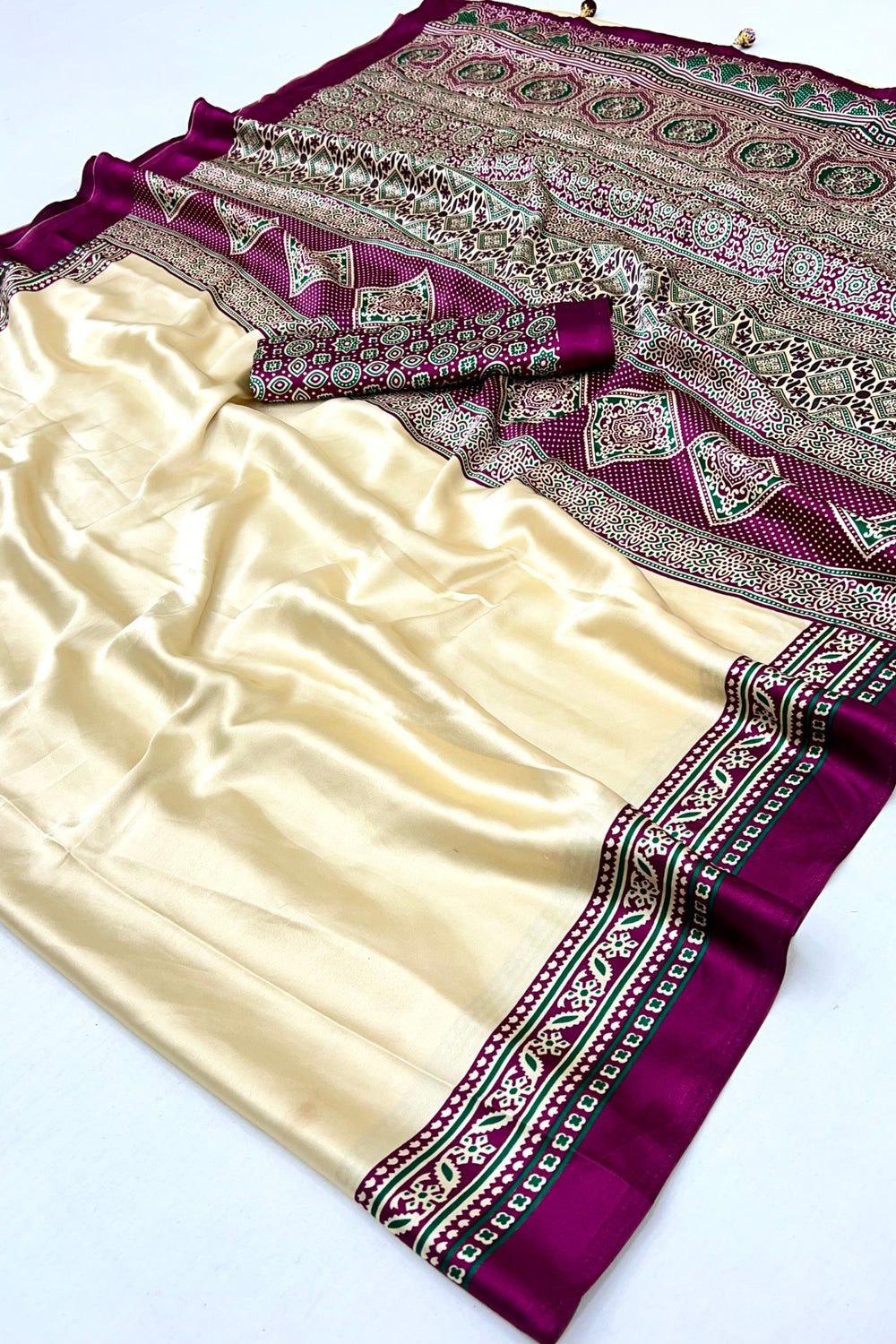 Cream and Purple Pure Soft Modal Satin Ajrakh Print Satin Saree Japan Satin Saree Anant Tex Exports Pvt.Ltd..