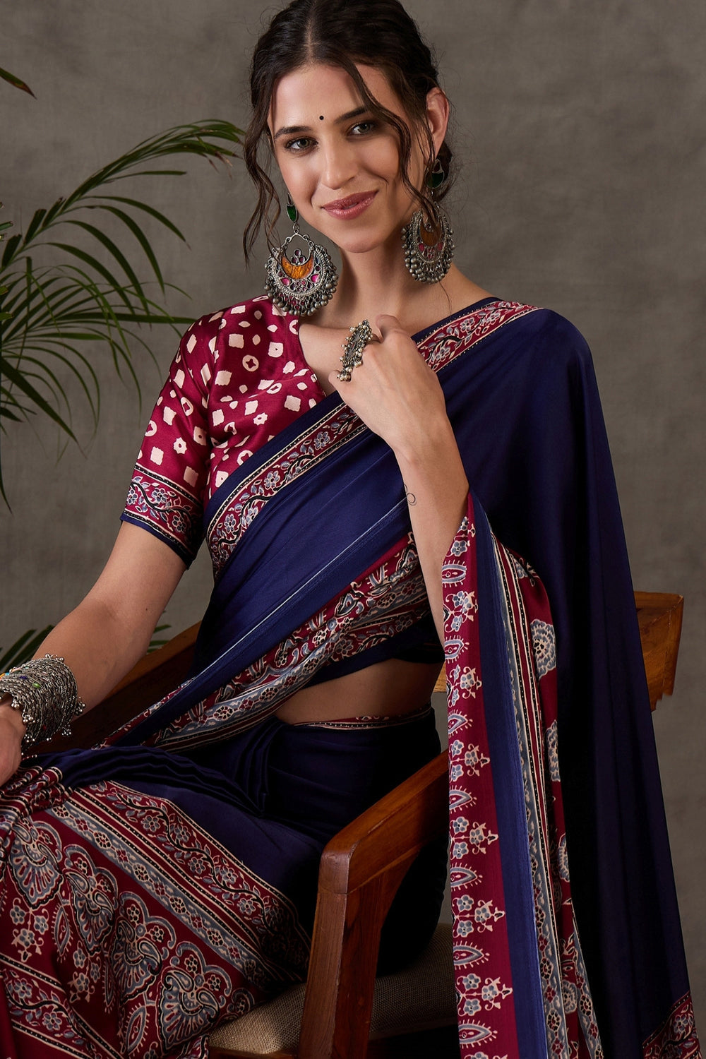 Navy Blue Pure Soft Modal Satin Ajrakh Print Satin Saree Japan Satin Saree Anant Tex Exports Pvt.Ltd..