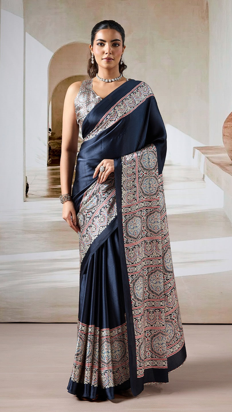 Black Pure Soft Modal Satin Ajrakh Print Satin Saree Japan Satin Saree Anant Tex Exports Pvt.Ltd..