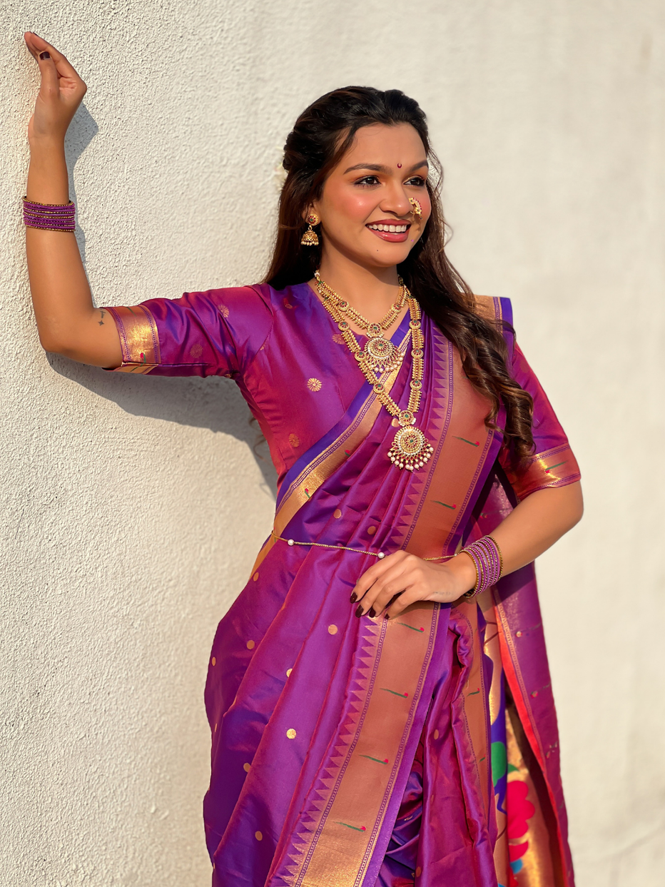 Purple Wedding Special Nauvari Paithani Soft Silk Saree ##color## Paithani Saree with premium fabric and embroidery