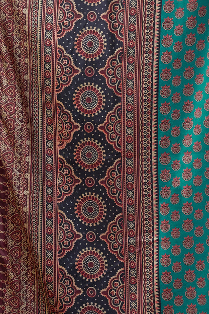 France Blue Pure Cluster Silk Ajarkh Digital Printed Saree 