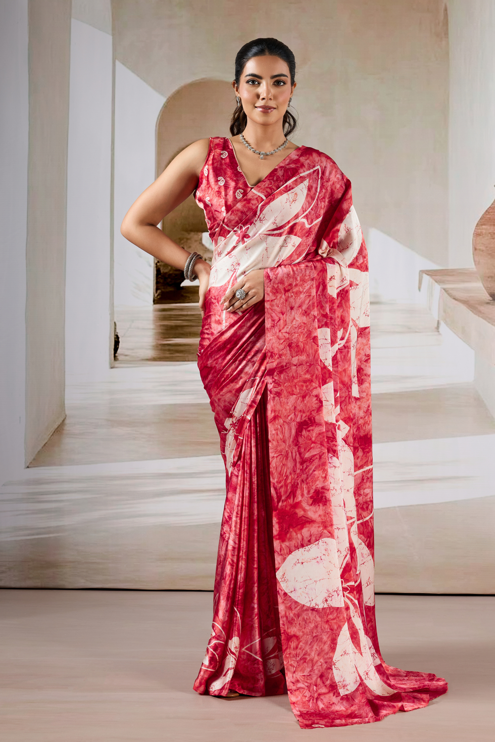 Red Modal Satin Hand Prism Print Saree ##color## Japan Satin Saree with premium fabric and embroidery