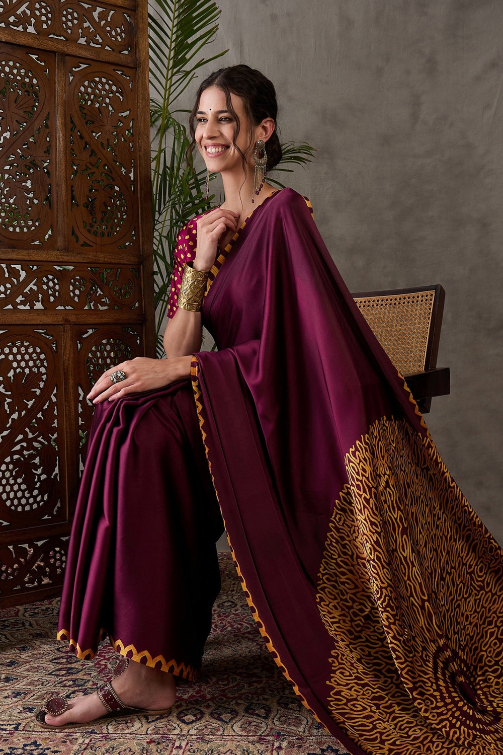 Maroon Pure Gaji Silk Satin Printed Saree 