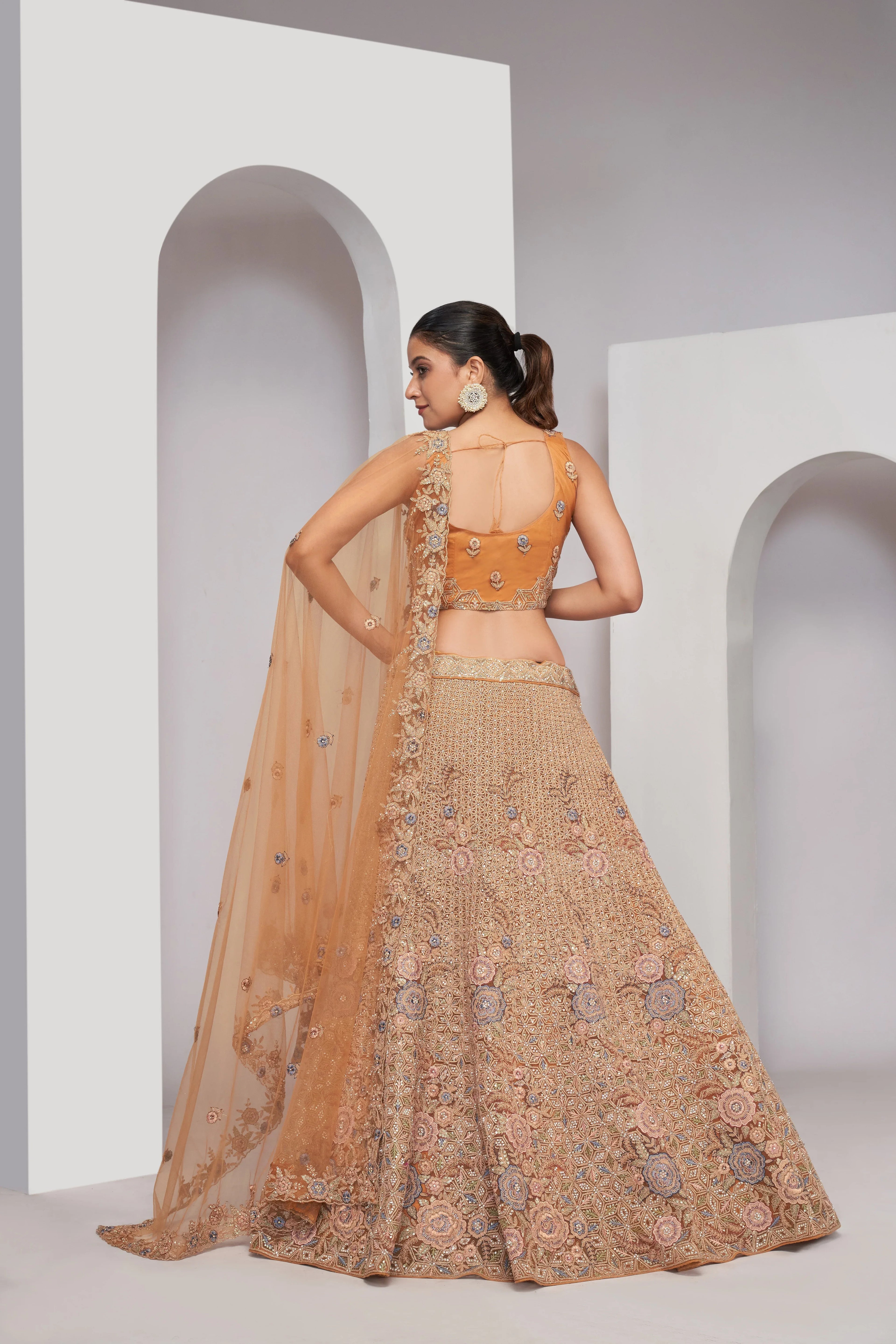 Rust Bridal Lehenga with Zari Embroidery &amp; Sequin Work