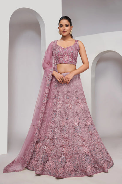 Mauve Bridal Lehenga with Zari Embroidery &amp; Sequin Work