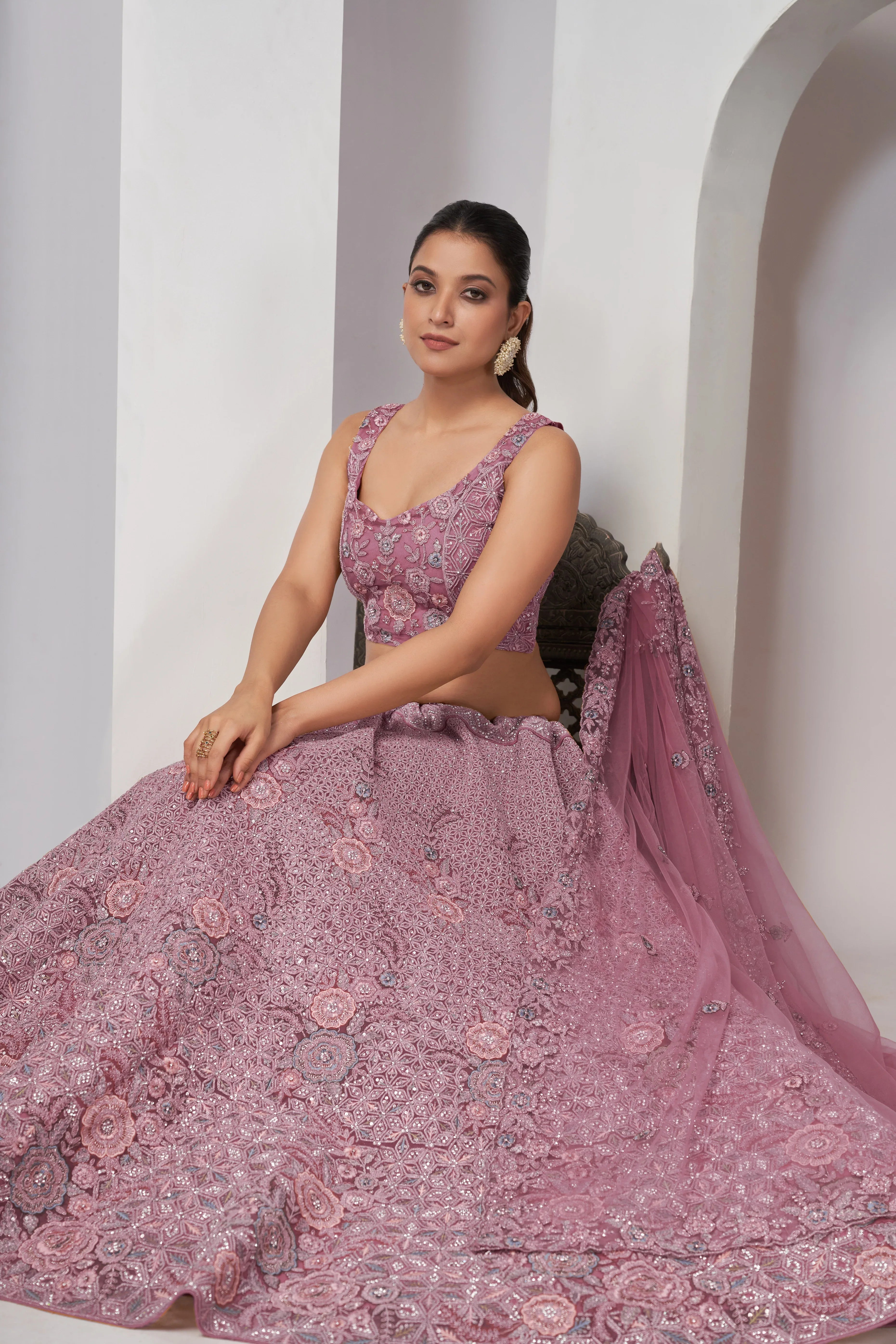 Mauve Bridal Lehenga with Zari Embroidery &amp; Sequin Work