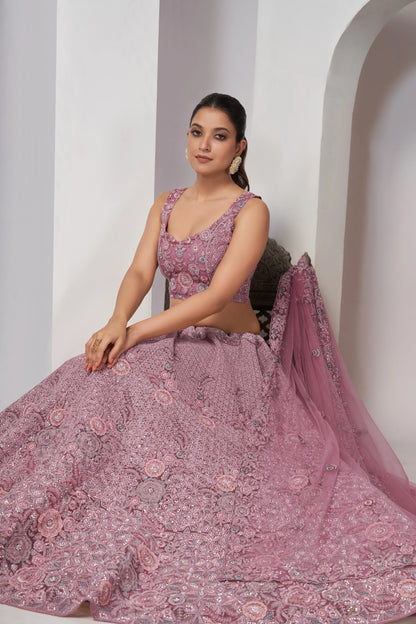 Mauve Bridal Lehenga with Zari Embroidery &amp; Sequin Work