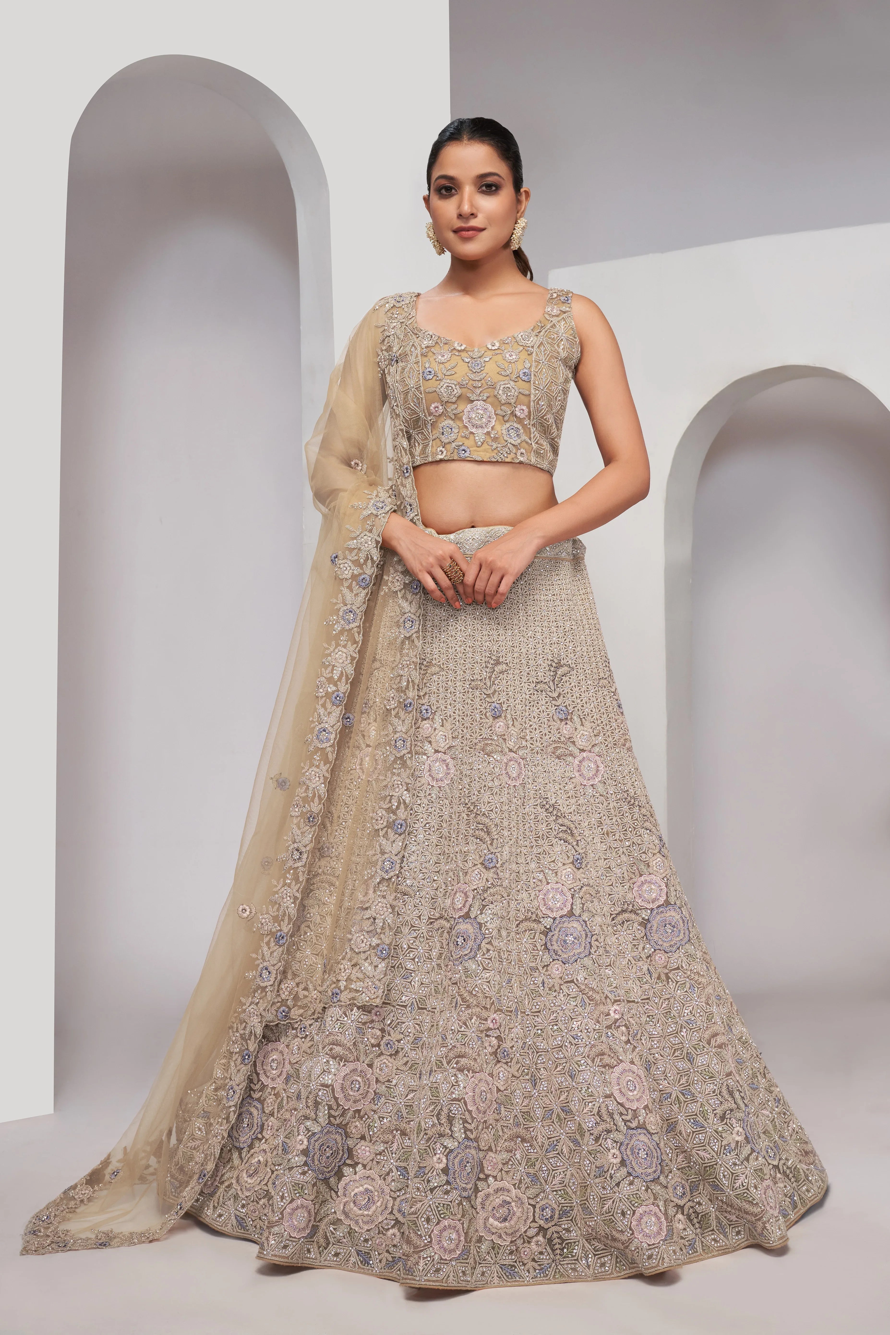 Golden Bridal Lehenga with Zari Embroidery &amp; Sequin Work