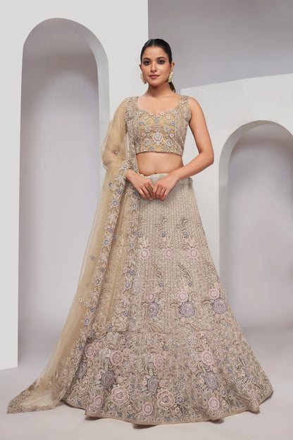 Golden Bridal Lehenga with Zari Embroidery &amp; Sequin Work