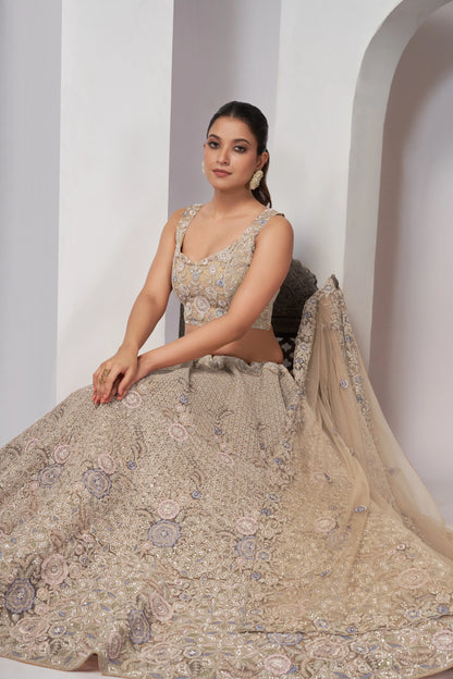 Golden Bridal Lehenga with Zari Embroidery &amp; Sequin Work