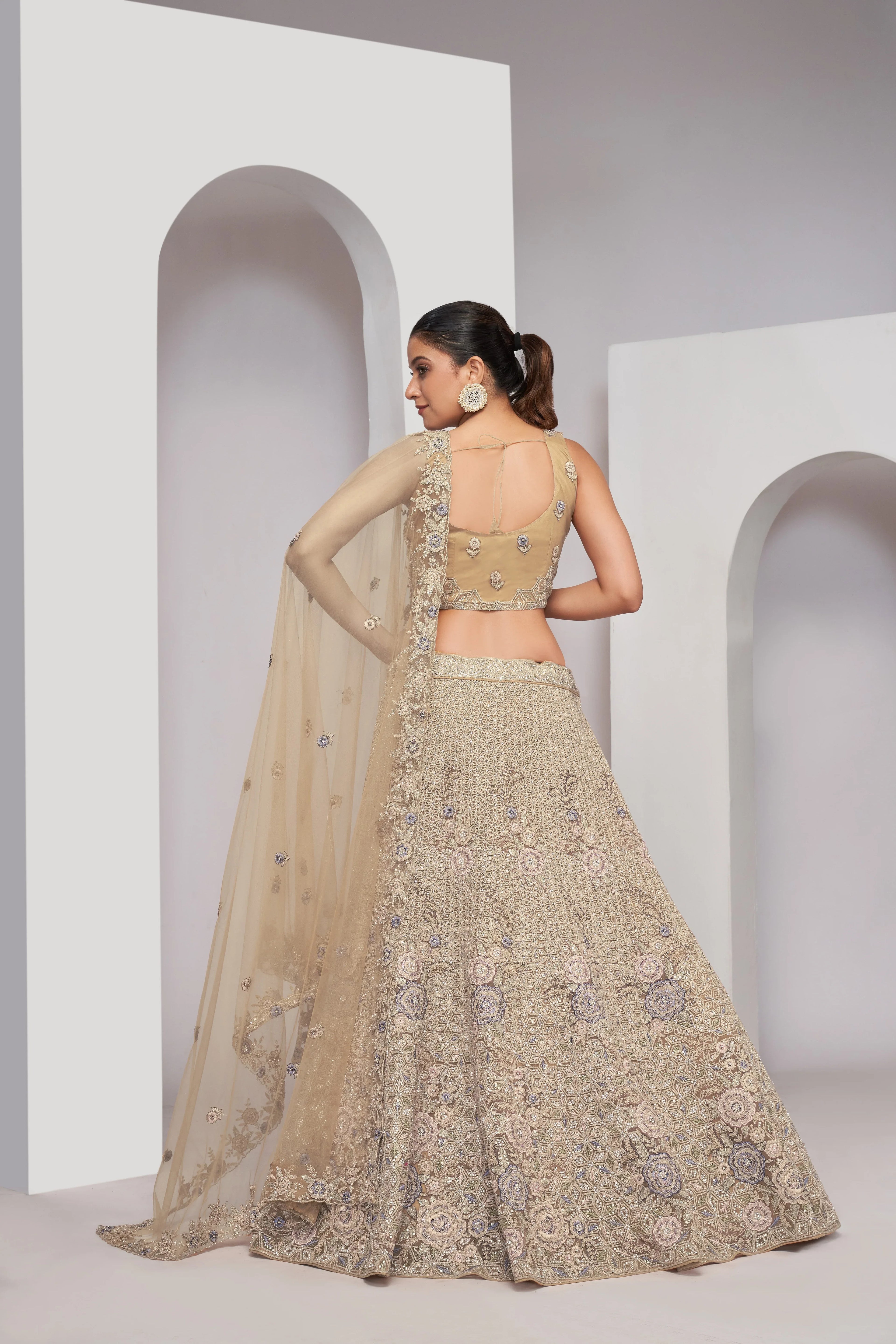 Golden Bridal Lehenga with Zari Embroidery &amp; Sequin Work