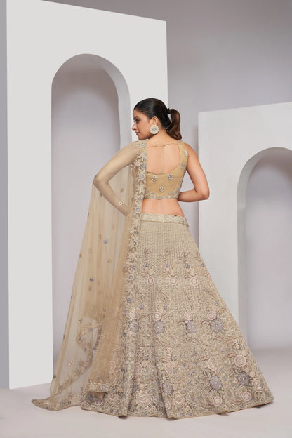 Golden Bridal Lehenga with Zari Embroidery &amp; Sequin Work