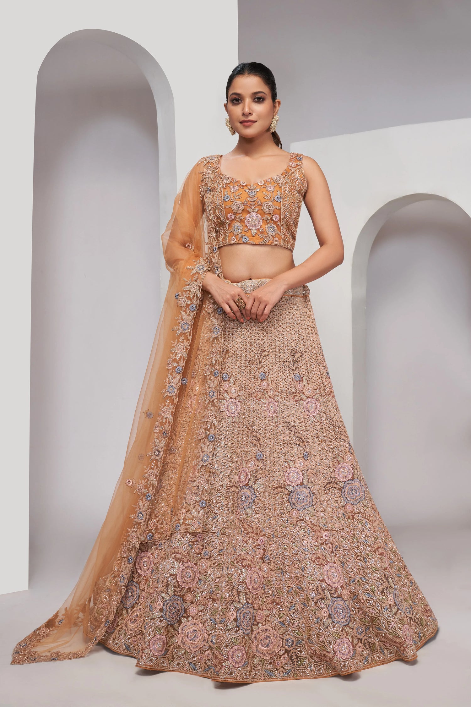 Rust Bridal Lehenga with Zari Embroidery &amp; Sequin Work