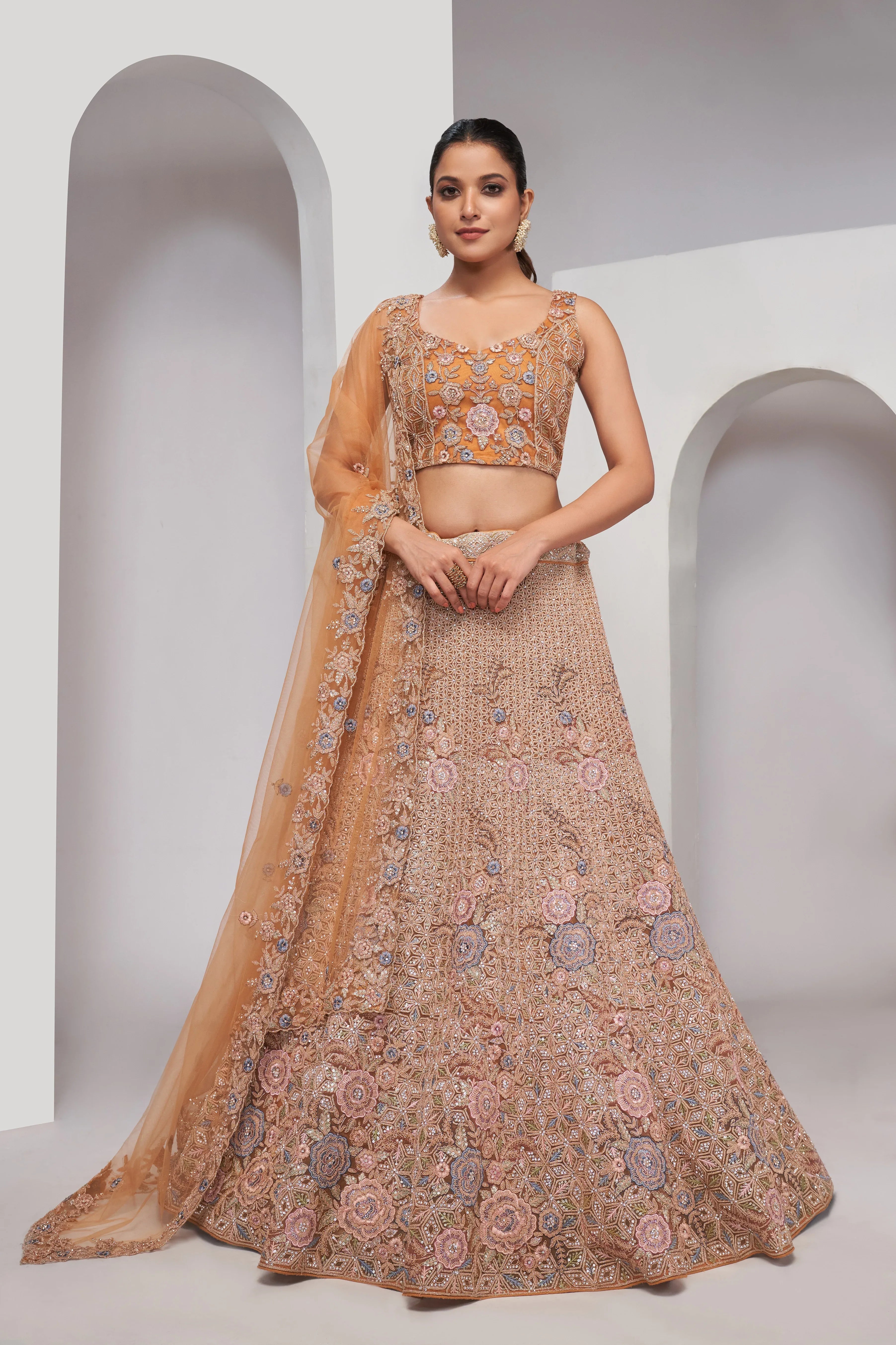 Rust Bridal Lehenga with Zari Embroidery &amp; Sequin Work