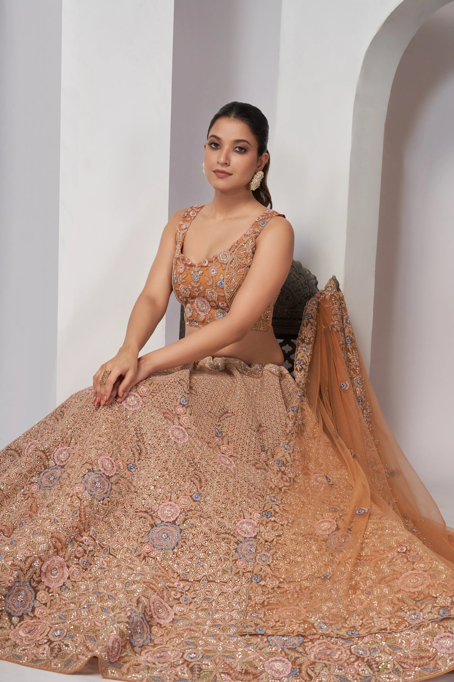 Rust Bridal Lehenga with Zari Embroidery &amp; Sequin Work