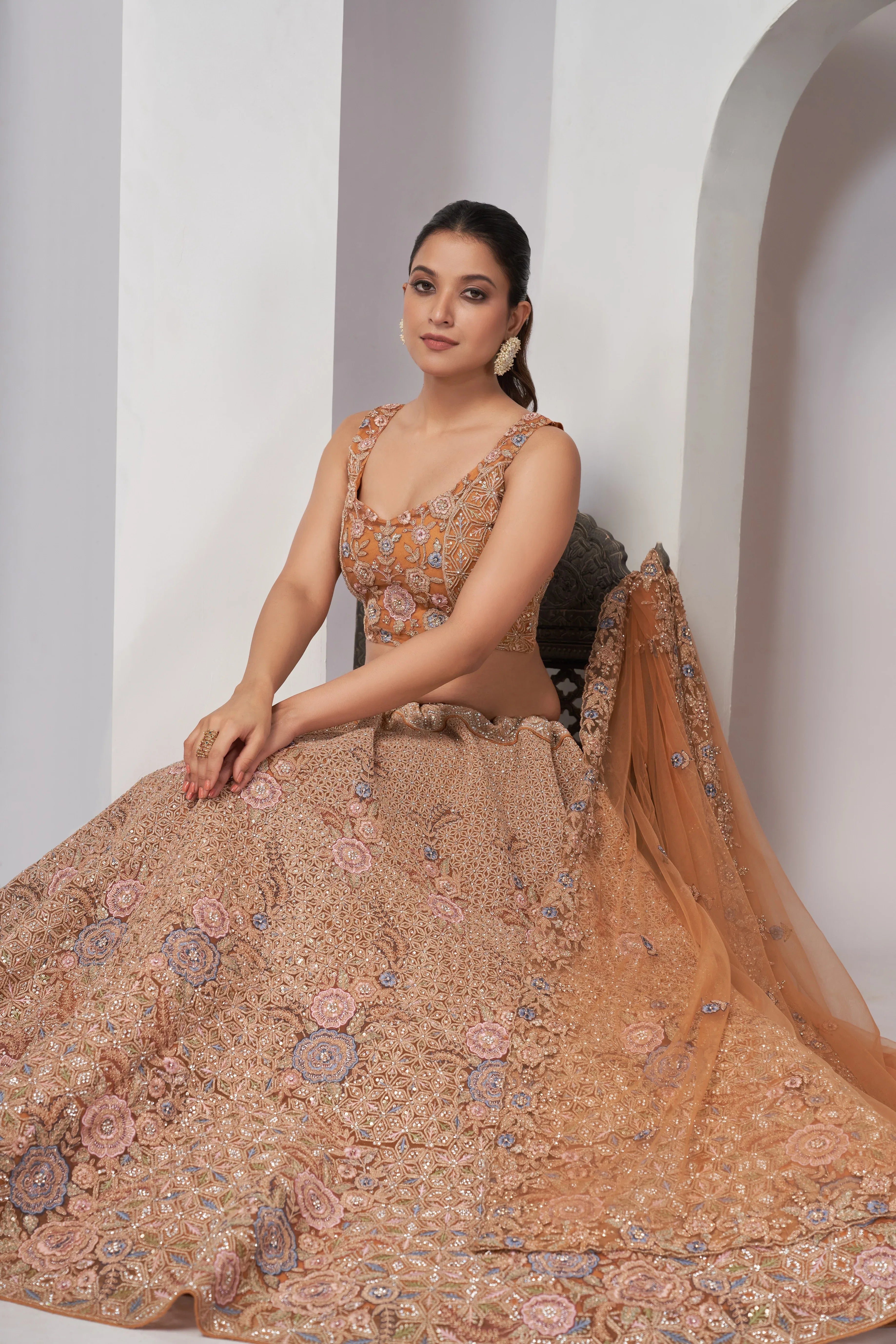 Rust Bridal Lehenga with Zari Embroidery &amp; Sequin Work