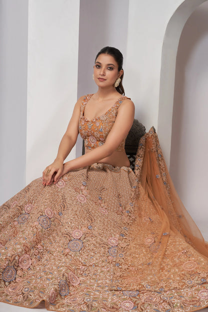 Rust Bridal Lehenga with Zari Embroidery &amp; Sequin Work