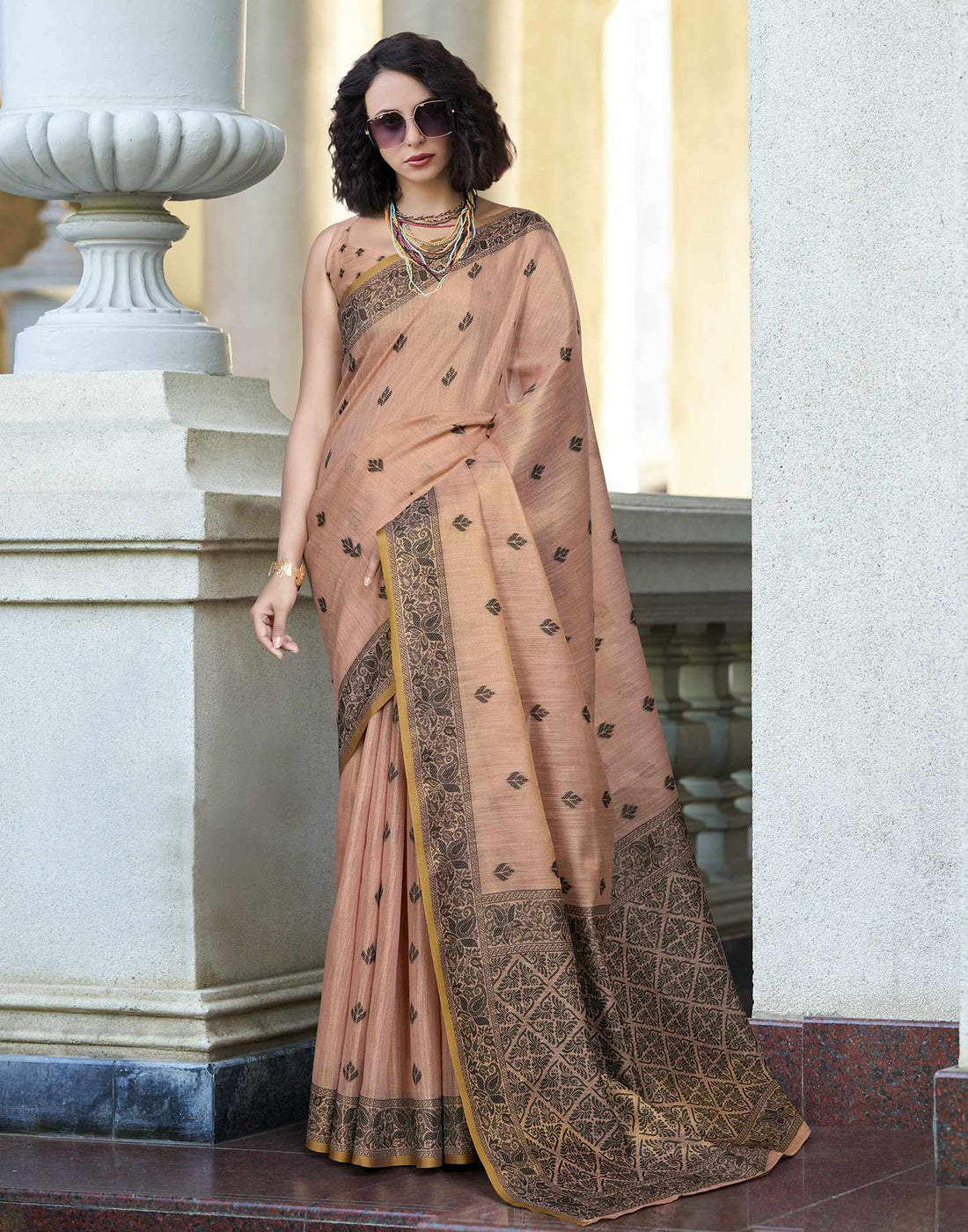 Peach Pure Tussar Linen Handloom Silk With Weaving Silk Saree