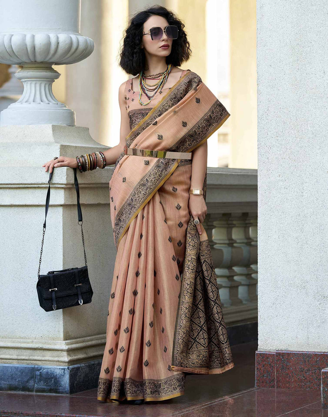 Peach Pure Tussar Linen Handloom Silk With Weaving Silk Saree 