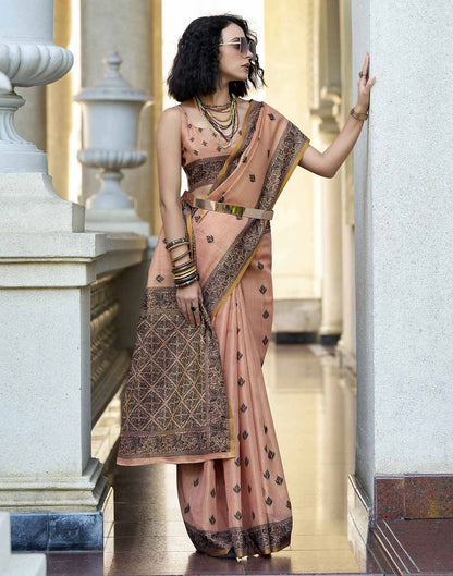 Peach Pure Tussar Linen Handloom Silk With Weaving Silk Saree 