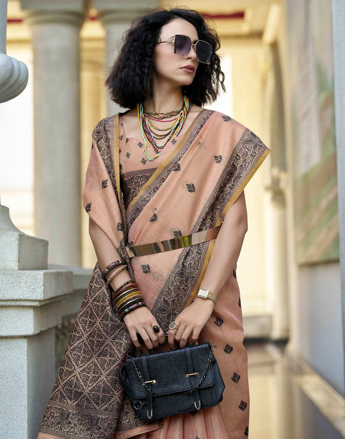 Peach Pure Tussar Linen Handloom Silk With Weaving Silk Saree 