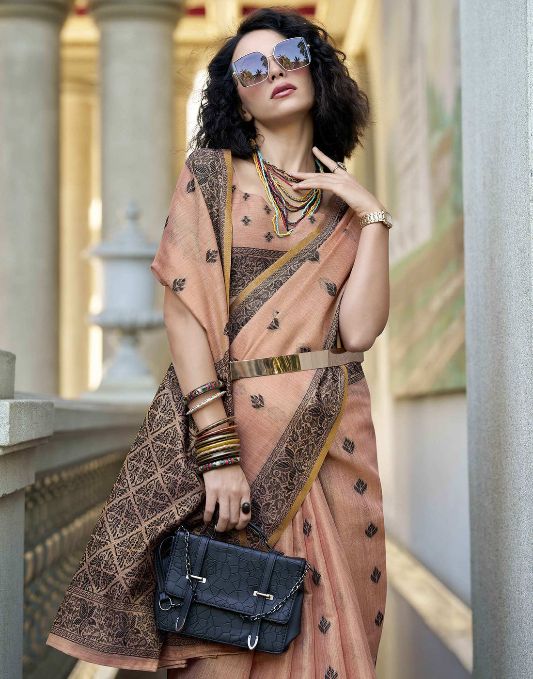 Peach Pure Tussar Linen Handloom Silk With Weaving Silk Saree 