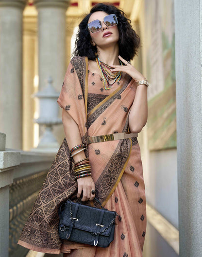 Peach Pure Tussar Linen Handloom Silk With Weaving Silk Saree 