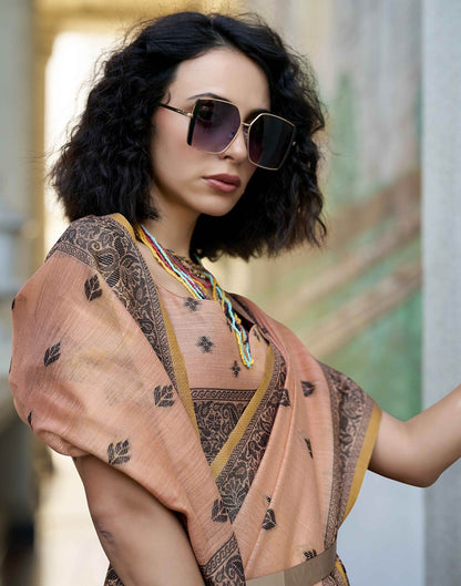 Peach Pure Tussar Linen Handloom Silk With Weaving Silk Saree 