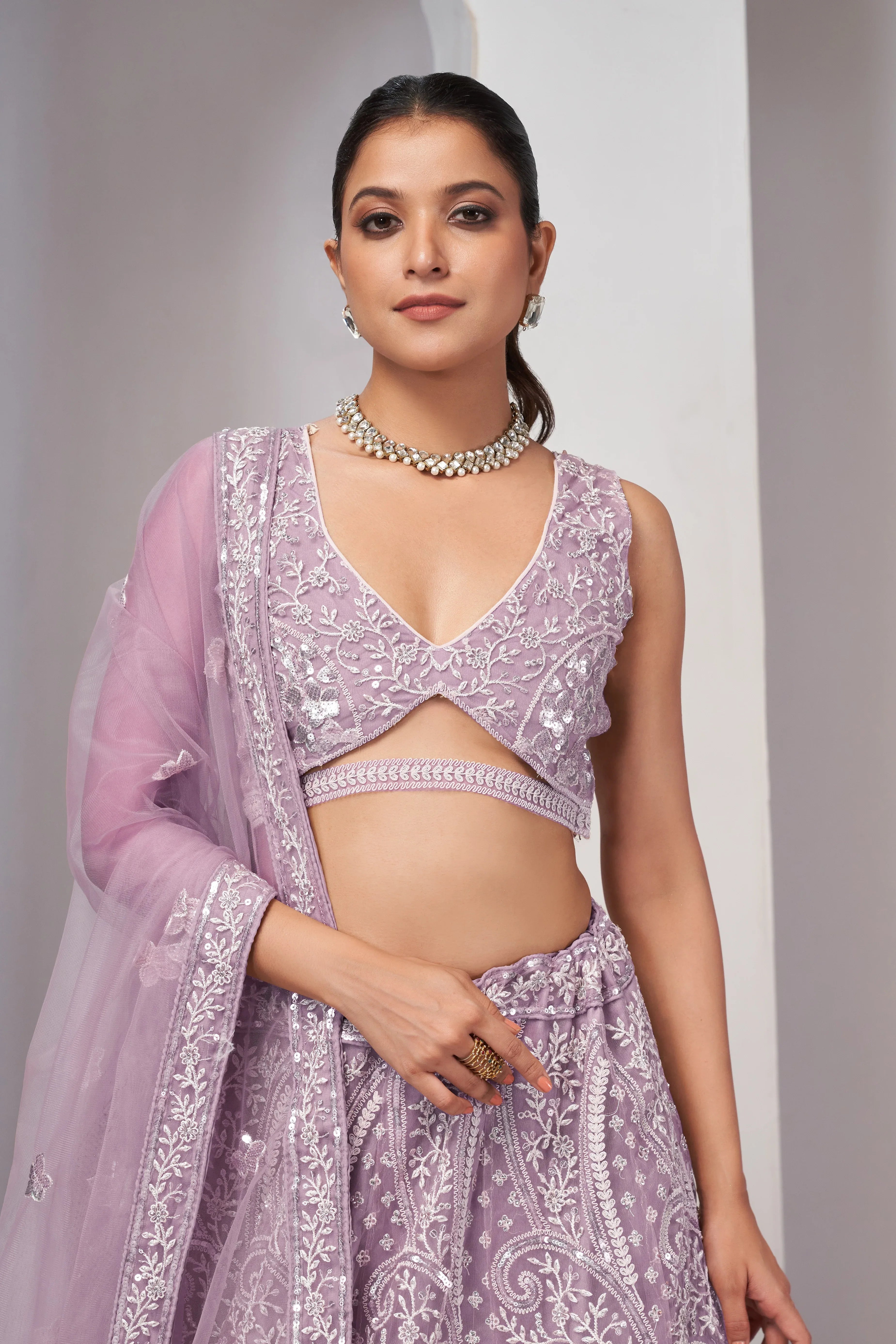 Mauve Paisley Patterned Lehenga with Sequins &amp; Thread Work