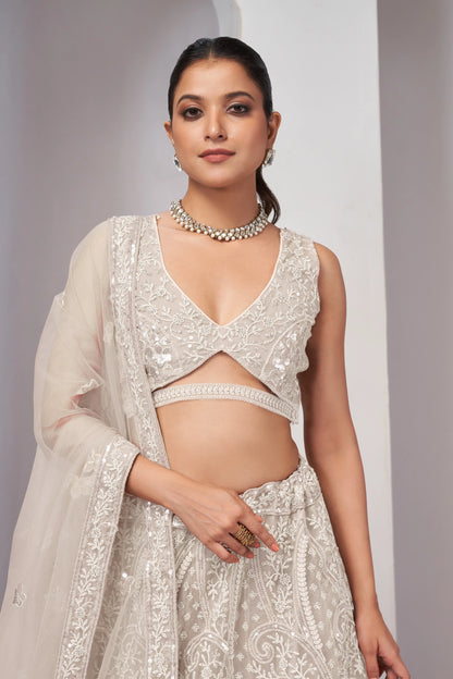 Ivory Paisley Patterned Lehenga with Sequins &amp; Thread Work