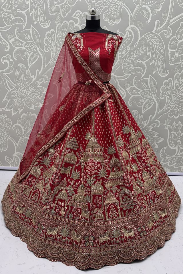 Red Pure Soft Net Heavy Embroidery Work Bridal Lehenga