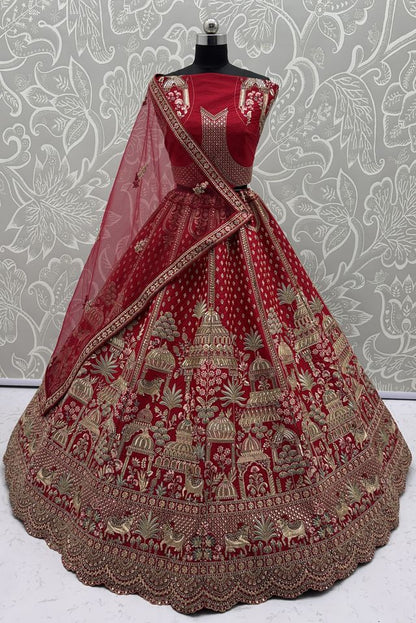 Red Pure Soft Net Heavy Embroidery Work Bridal Lehenga