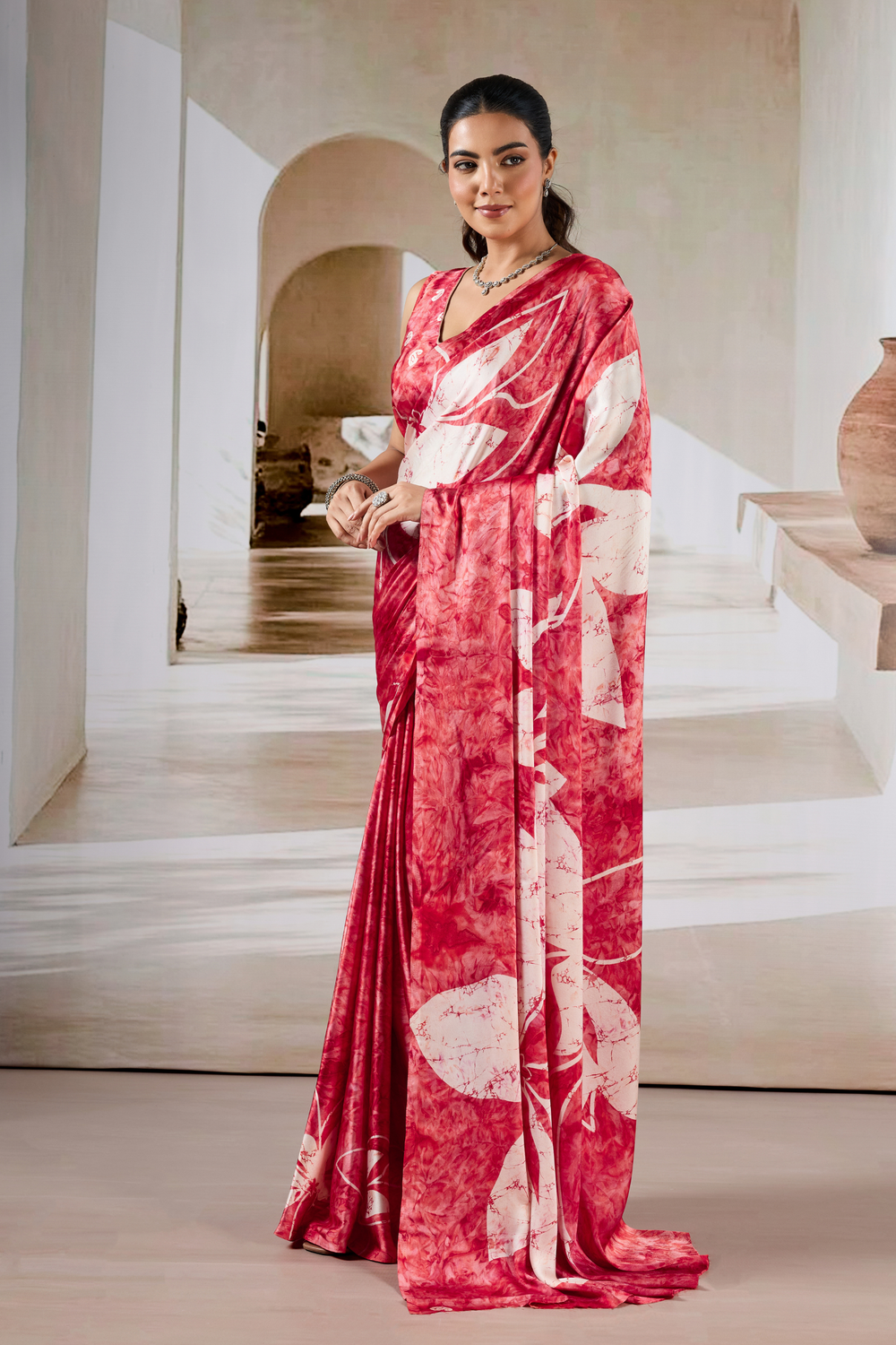 Red Modal Satin Hand Prism Print Saree 