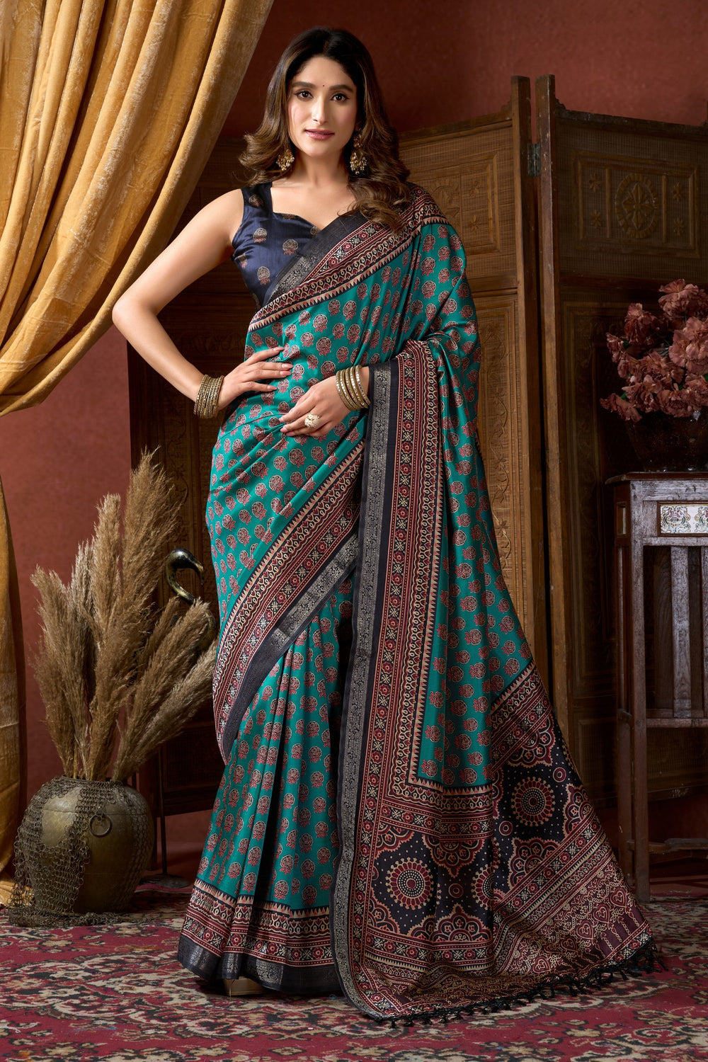 France Blue Pure Cluster Silk Ajarkh Digital Printed Saree ##color## Floral Printed Saree with premium fabric and embroidery