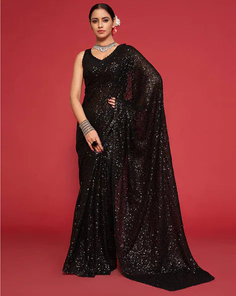 Black Pure Chiffon Sequins Embroidery Work Ready to Wear Saree 