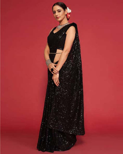 Black Pure Chiffon Sequins Embroidery Work Ready to Wear Saree 