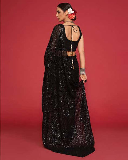 Black Pure Chiffon Sequins Embroidery Work Ready to Wear Saree 