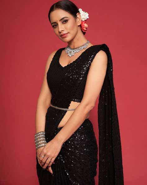 Black Pure Chiffon Sequins Embroidery Work Ready to Wear Saree 